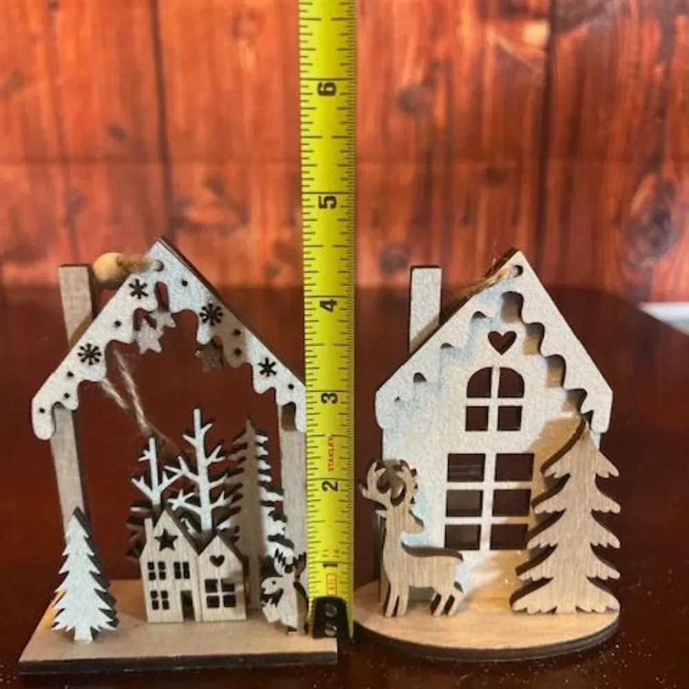 ornament Rustic Wood Christmas House Set‎ of 2 With Reindeer & Pine Trees